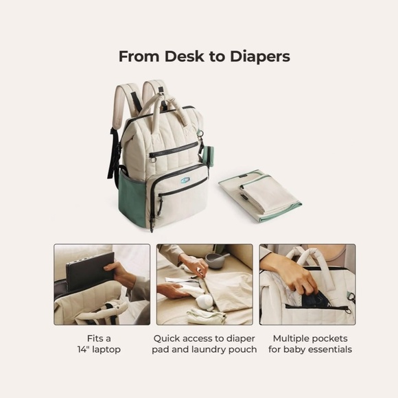 BAGSMART Paz 25L Diaper Bag Backpack, CELADON Green & Ivory White - Picture 9 of 14